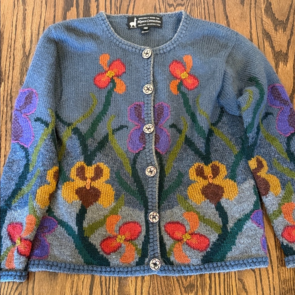 Alpaca Floral Cardigan Sweater - Blue and Multicolor